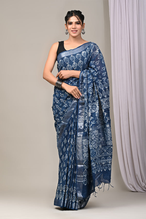 Hand Block Print Linen Saree with Blouse .