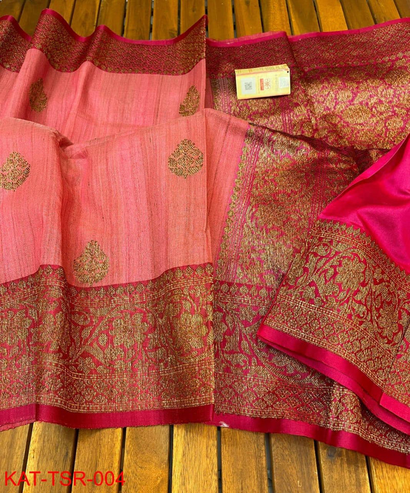 Handwoven Pure Banarasi Tussar Silk Saree With Antique Zari Work.