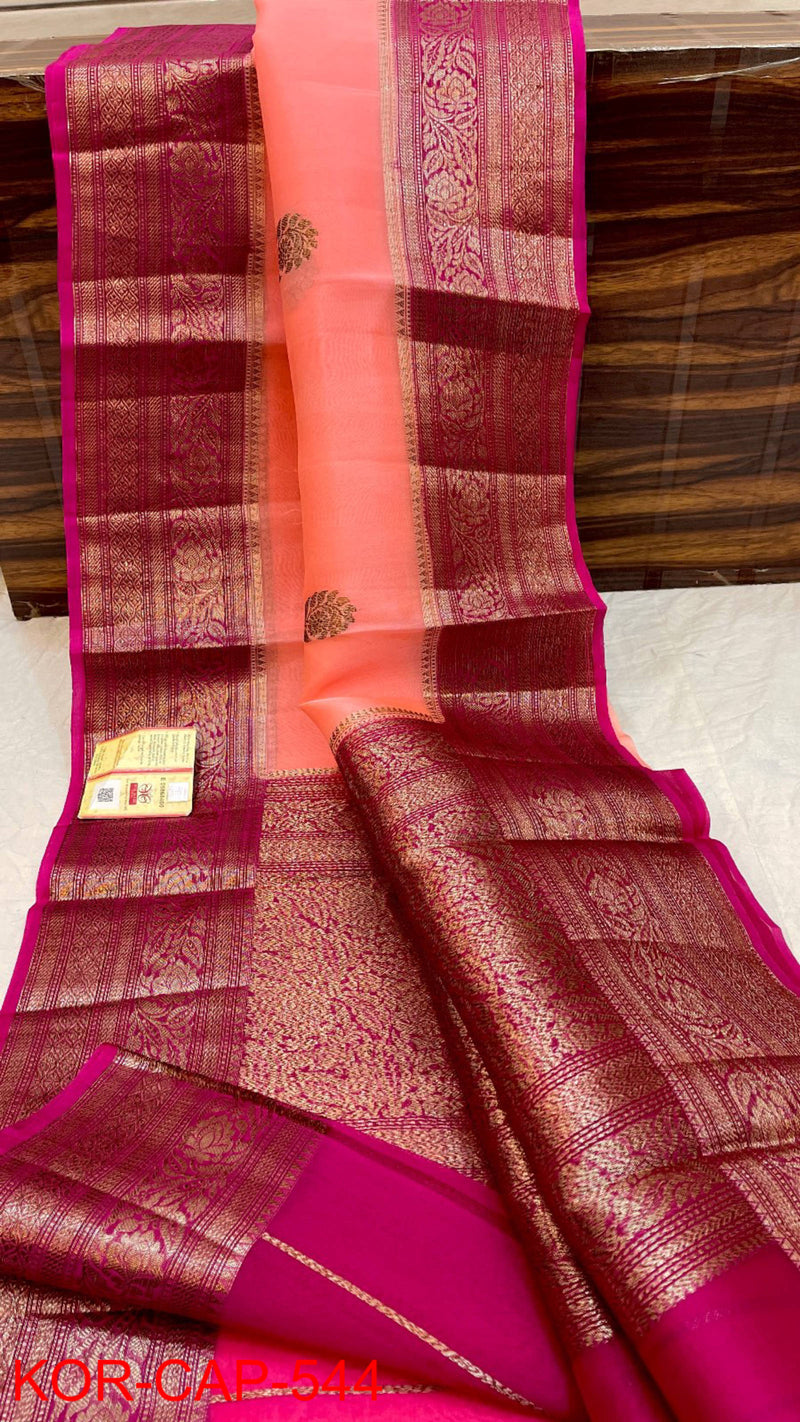 Pure Banarasi Kora Organza Silk Handwoven Zari Work Saree With Silk Mark Certificate ( Length- 6.3 Meter )