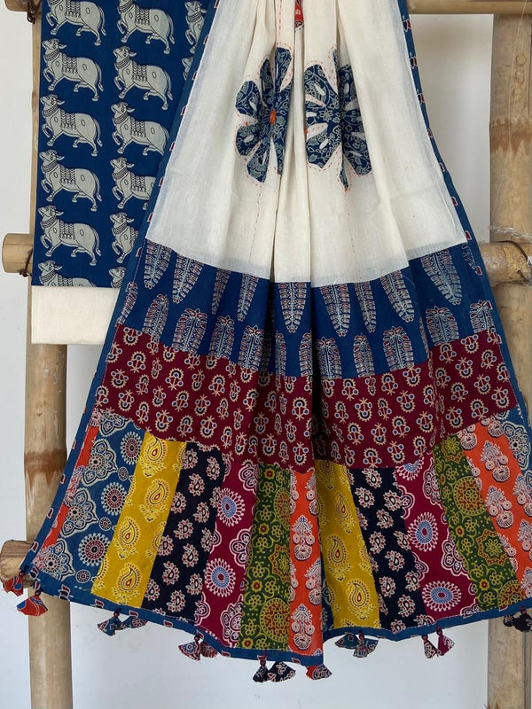 Pure Cotton Azrakh Print Unstitched suit With patch work Dupatta.