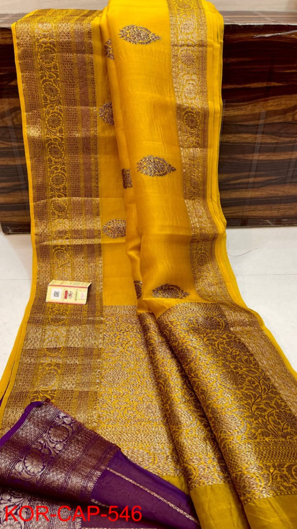 Pure Banarasi Kora Organza Silk Handwoven Zari Work Saree With Silk Mark Certificate ( Length- 6.3 Meter )