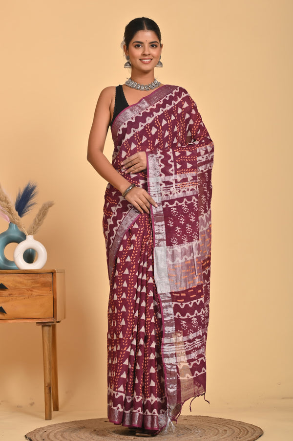 Hand Block Print Linen Saree with Blouse .