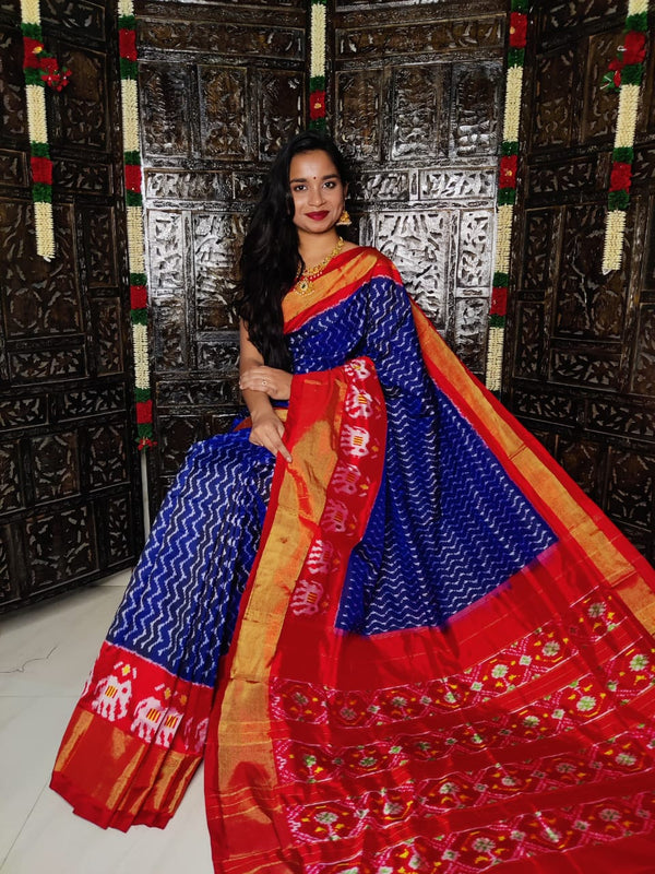 Pure Pochampally Ikkat Silk Saree With Blouse Pthani Pattern  Border.