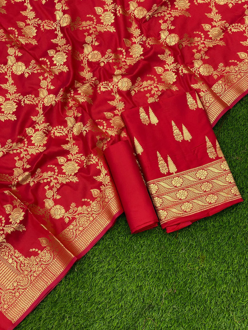 Pure Banarasi Double Zari Weaved Silk Unstitched Suit With Banarasi Silk Dupatta .