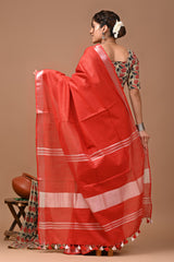 Hand Block Print Linen Saree with Blouse .