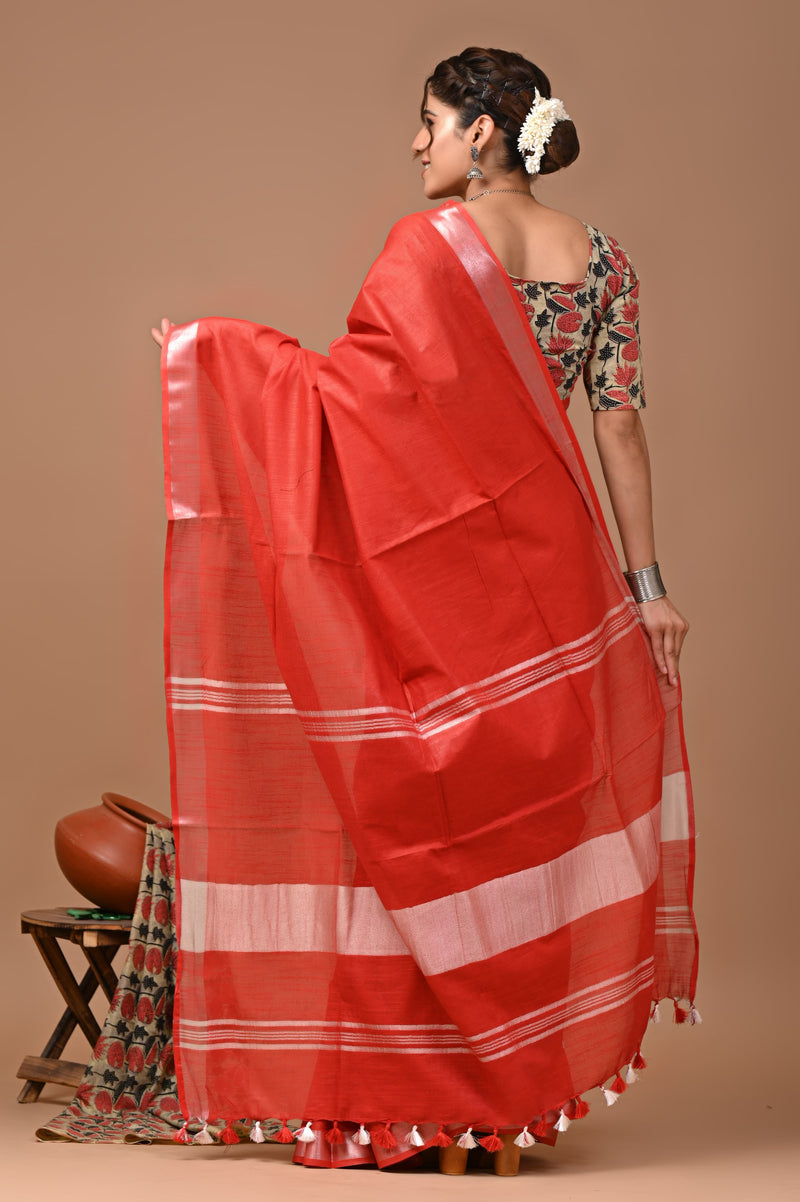 Hand Block Print Linen Saree with Blouse .