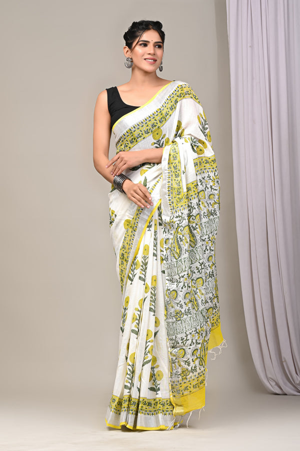 Hand Block Print Linen Saree with Blouse .