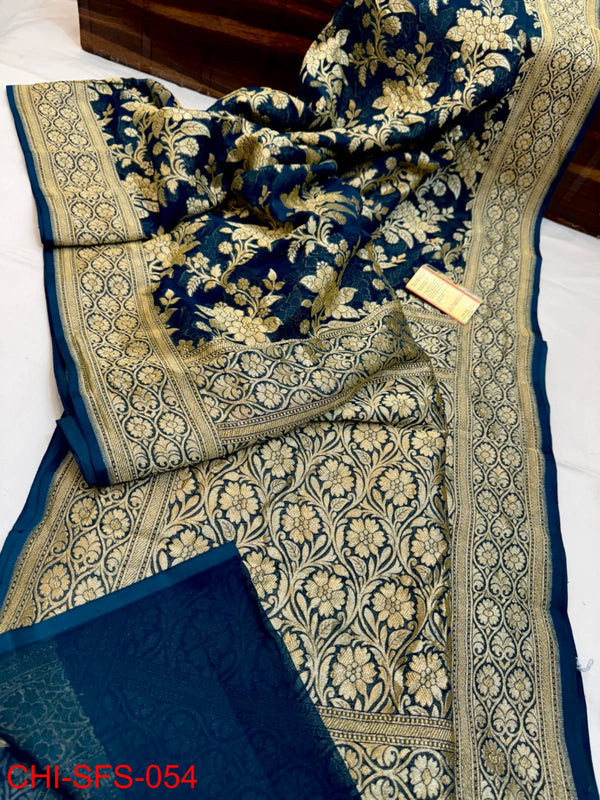 Pure Banarasi Handloom Khaddi Georgette Silk Saree With Beautiful Antique Zari Work