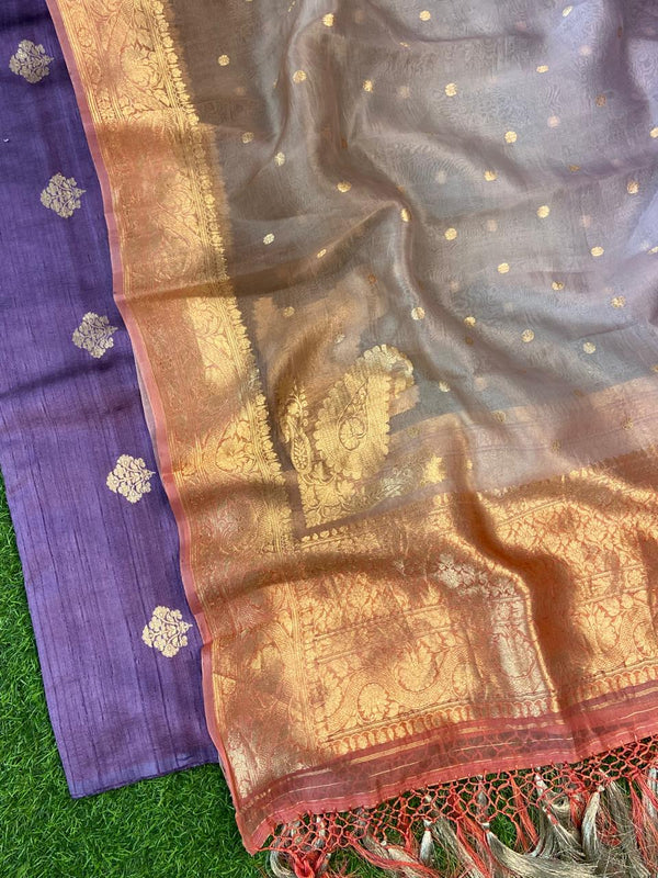 Pure Banarasi Handloom Raw Silk Zari Work Unstitched Suit With Organza Khhadi Dupatta.