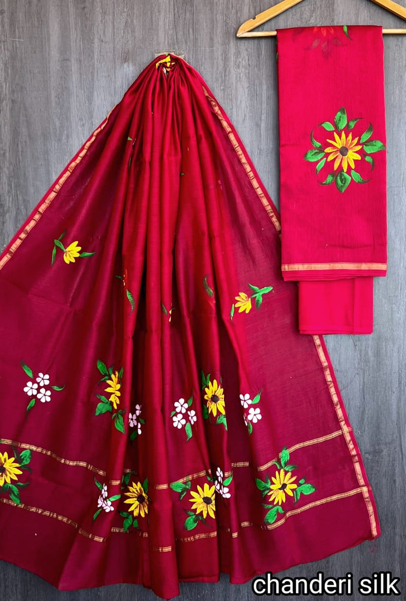 Pure Hand Block Chanderi Silk Unstitched Suit.