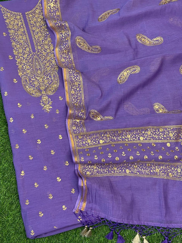 Pure Banarasi Resham Mal Chanderi Silk Zari  Unstitched Suit with Beautiful Neck Embroidery.