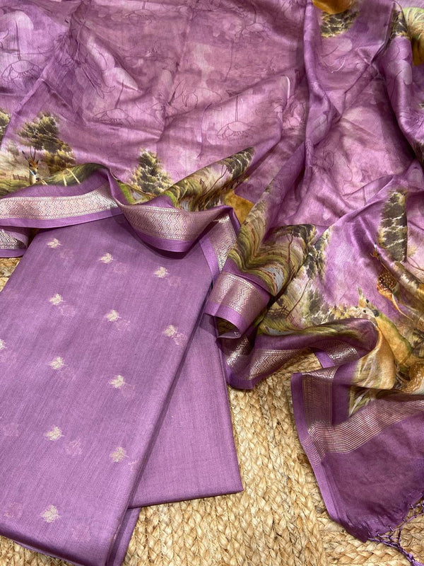 Pure Banarasi Chanderi Silk Zari Botti Work Unstitched Suit With Chanderi Silk Digital Print Dupatta.