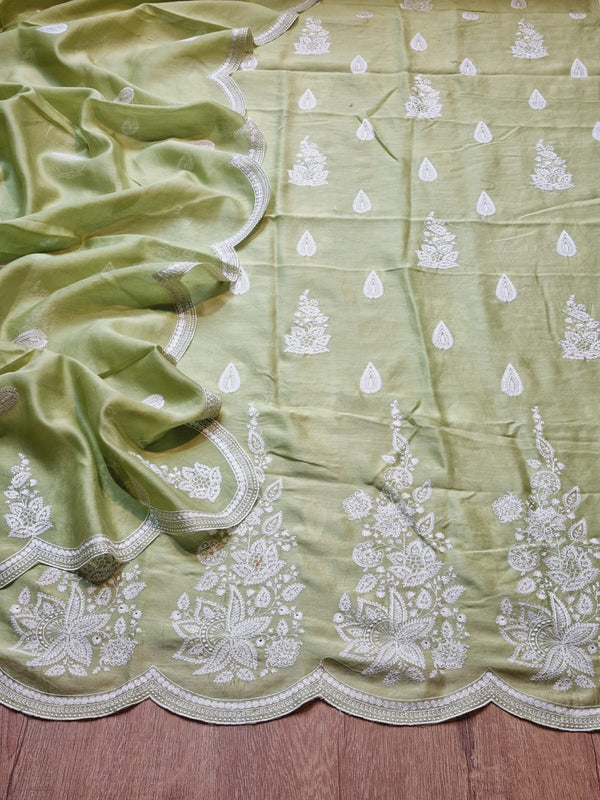 Pure Banarasi Chanderi Silk Embroidery Daman work Unstitched Suit.