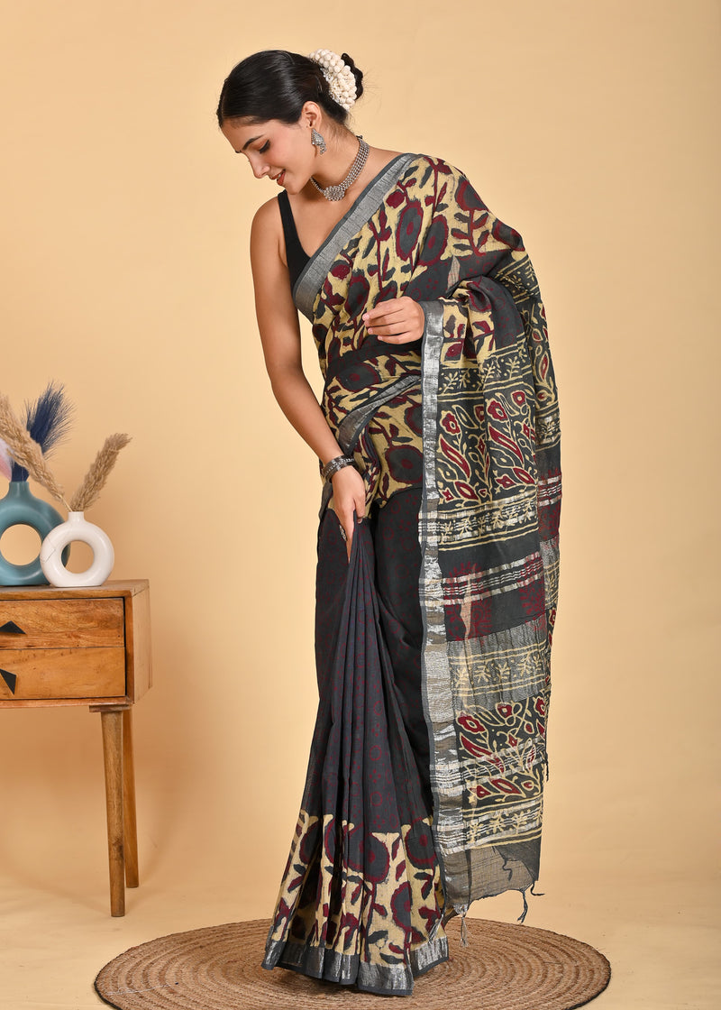 Hand Block Print Linen Saree with Blouse .