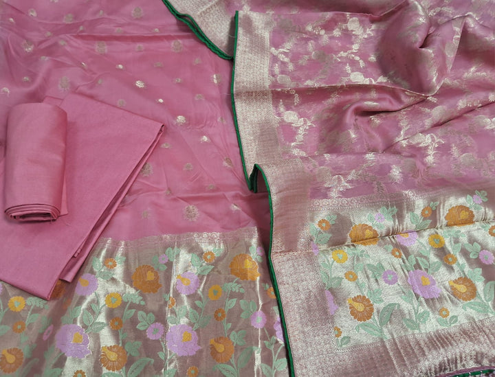 Pure Banarasi Handloom Organza Paithani Weaved Unstitched Suit With Banarsi Handloom Organza Paithani Border Dupatta