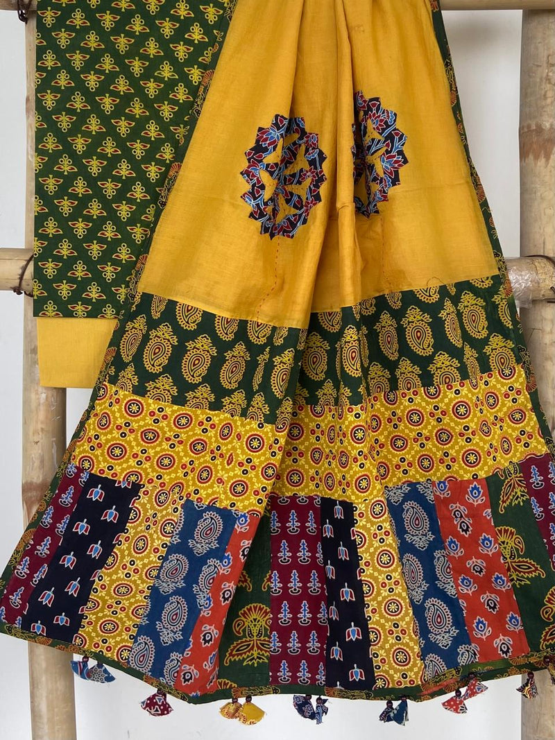 Pure Cotton Azrakh Print Unstitched suit With patch work Dupatta.