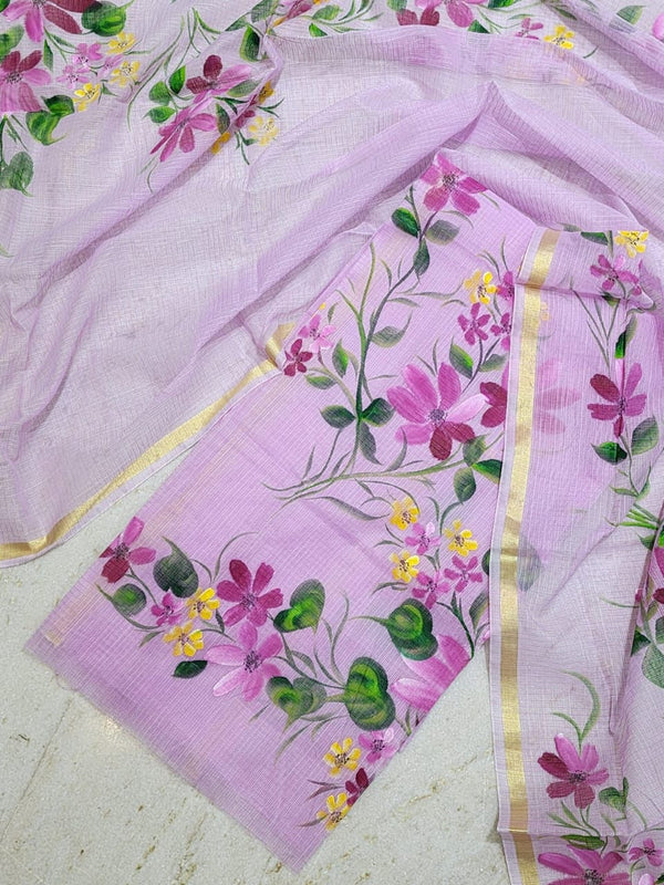 Pure Kota Doria Hand Brush Print Work Unstitched Suit with Dupatta