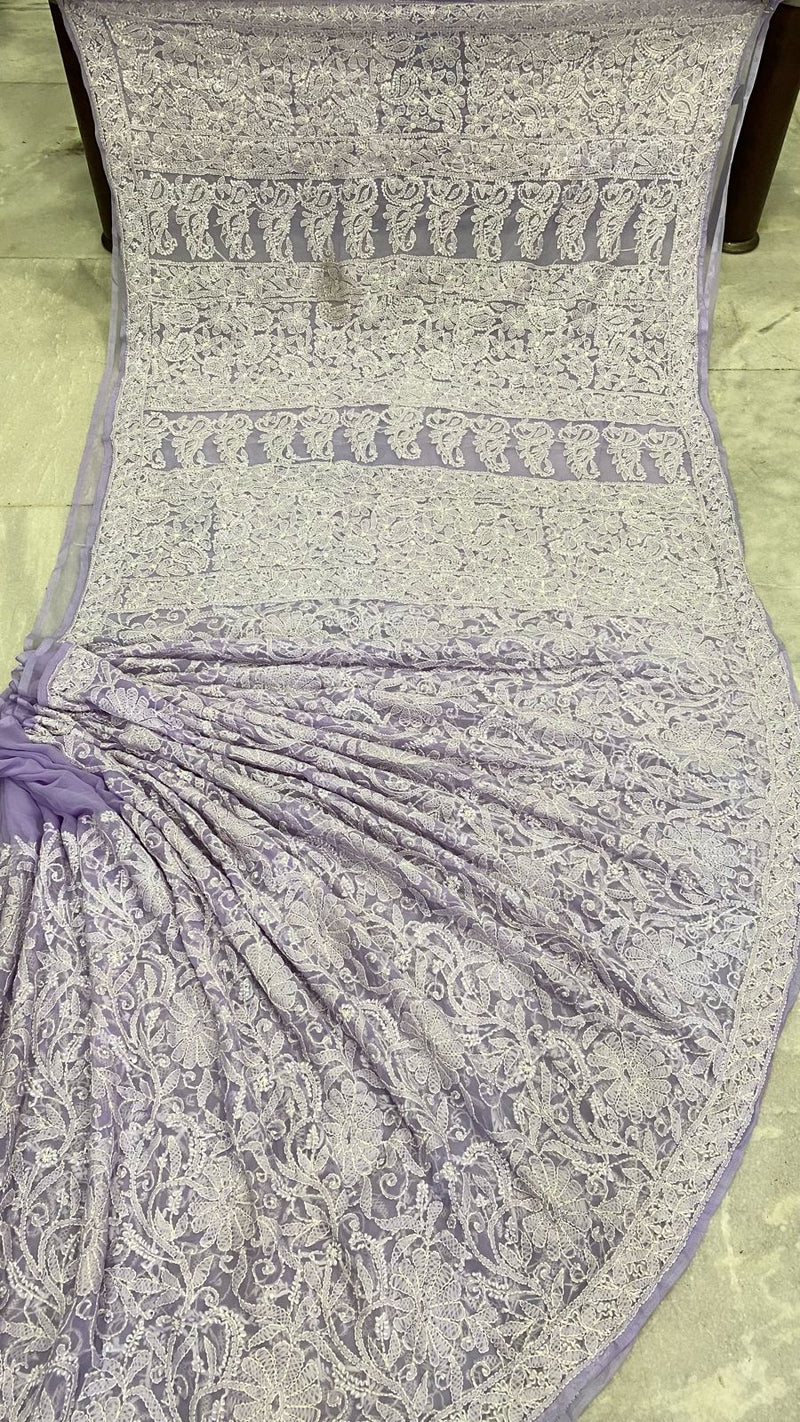 Pure Chiffon Georgette Chikankari Hand Embroidery Full Jaal Work Saree.