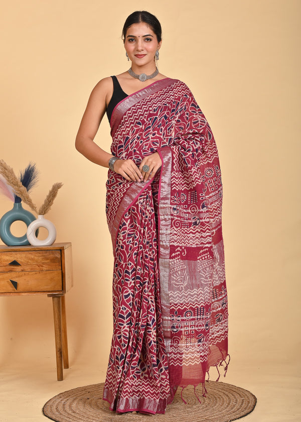 Hand Block Print Linen Saree with Blouse .