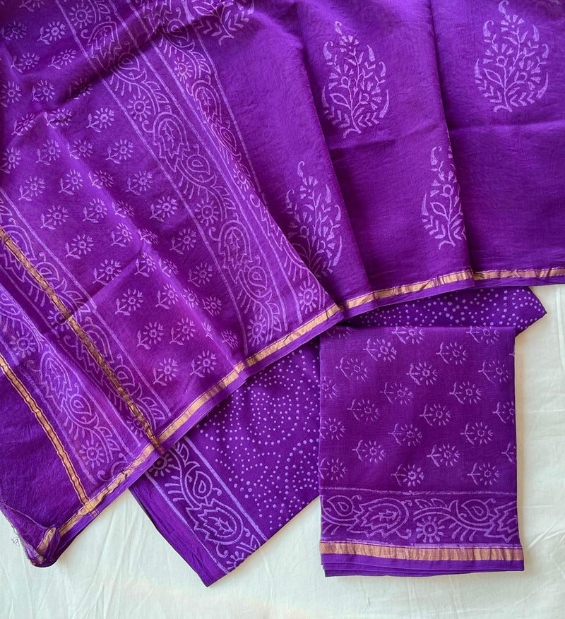 Pure Hand Block Chanderi Silk Unstitched Suit .