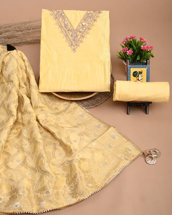 Pure Chanderi Silk Hand Work Unstitched Suit With Dhola Silk Dupatta.