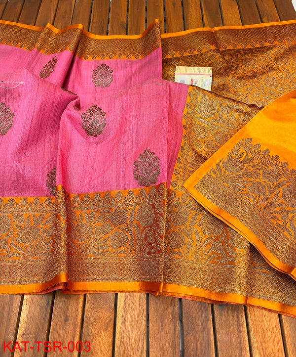 Handwoven Pure Banarasi Tussar Silk Saree With Antique Zari Work.