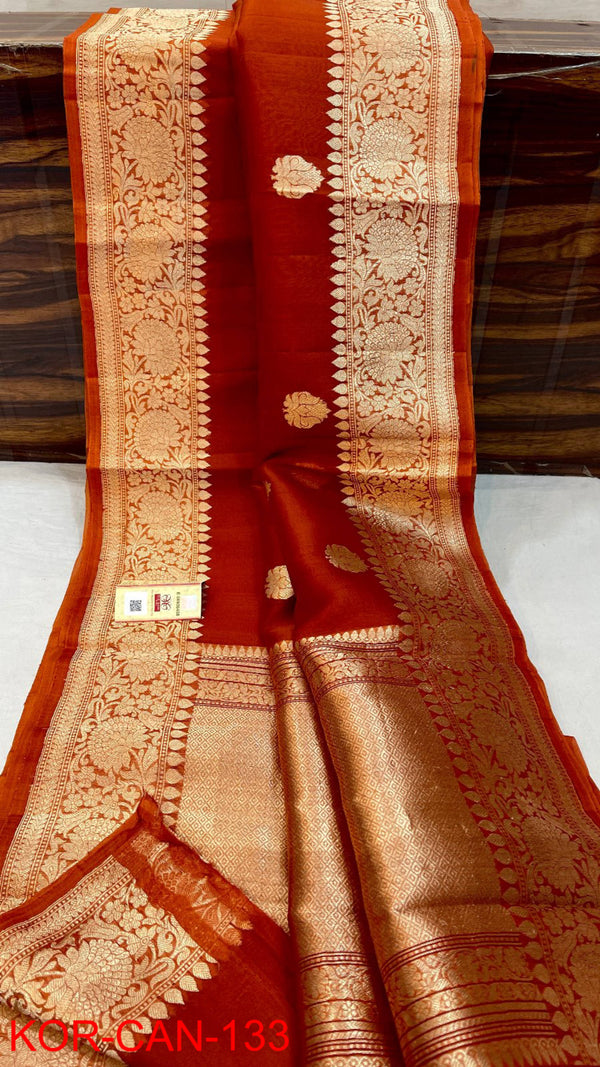 Pure Banarasi Kora Organza Silk Handwoven Zari Work Saree With Silk Mark Certificate ( Length- 6.3 Meter )