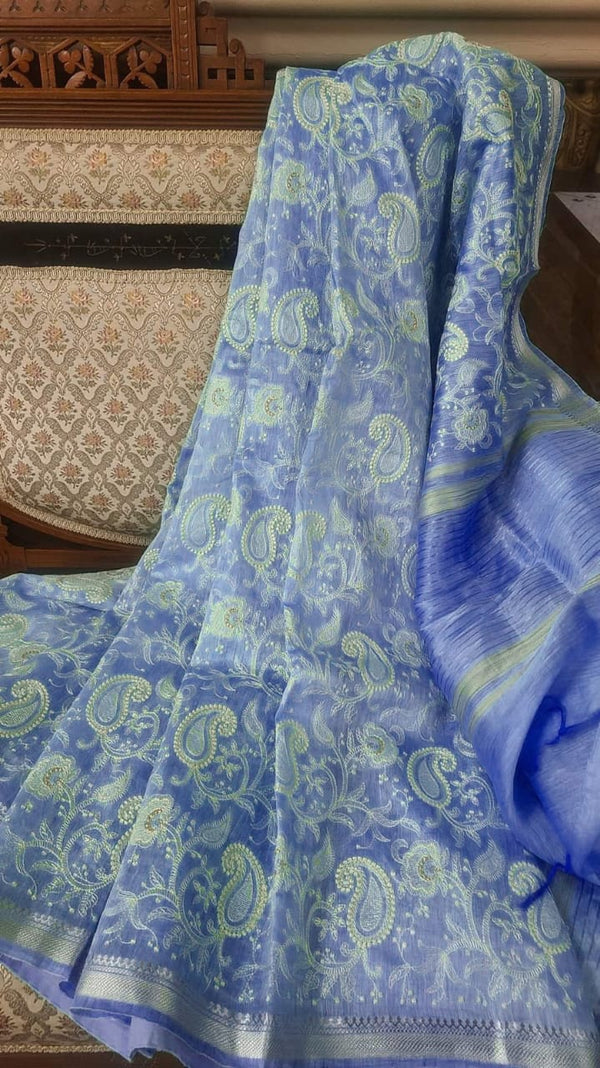 Pure Silk Linen By Linen Saree with Embroidery Work.( length- 6.3 meter )