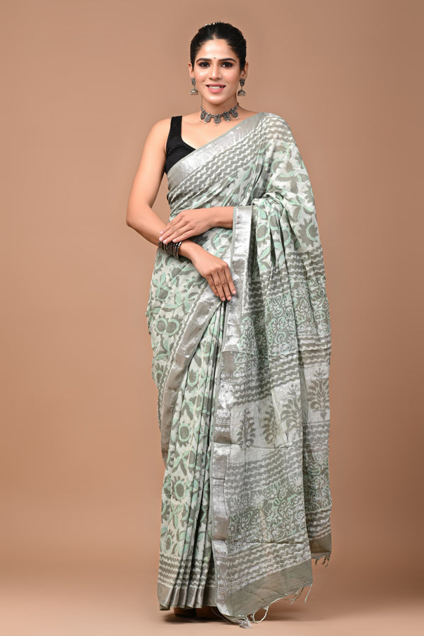 Hand Block Print Linen Saree with Blouse .