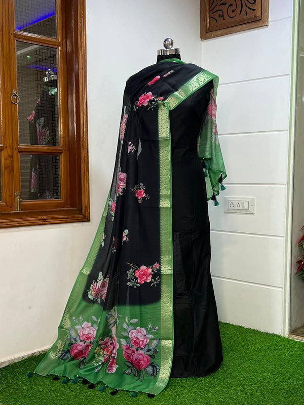 Banarasi Russian Unstitched Suit With Cotton Silk Digital print Dupatta.