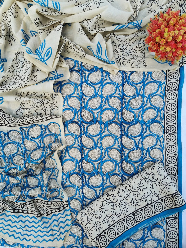 Pure Cotton Hand-Block Print unstitched suit with cotton dupatta .