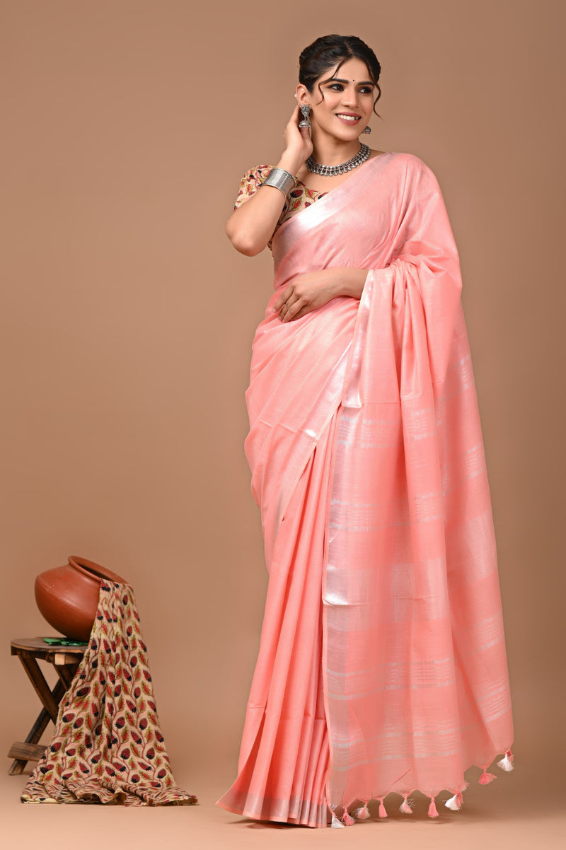 Hand Block Print Linen Saree with Blouse .