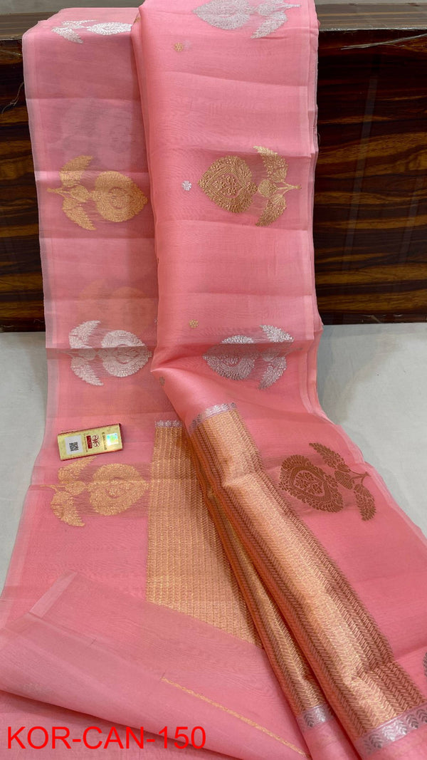 Pure Banarasi Kora Organza Silk Handwoven Zari Work Saree With Silk Mark Certificate ( Length- 6.3 Meter )