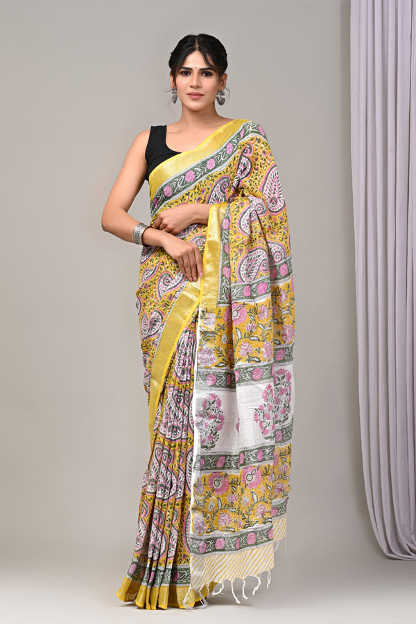 Hand Block Print Linen Saree with Blouse .