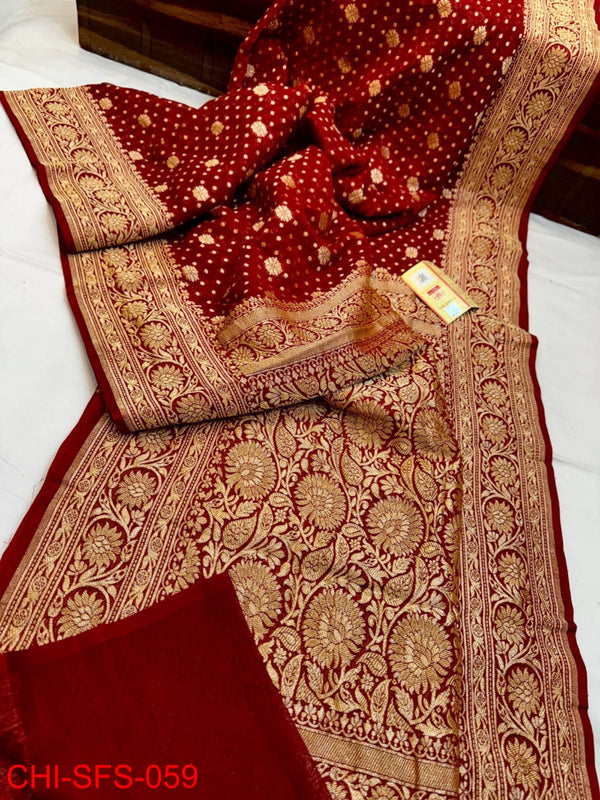 Pure Banarasi Handloom Khaddi Georgette Silk Saree With Beautiful Antique Zari Work