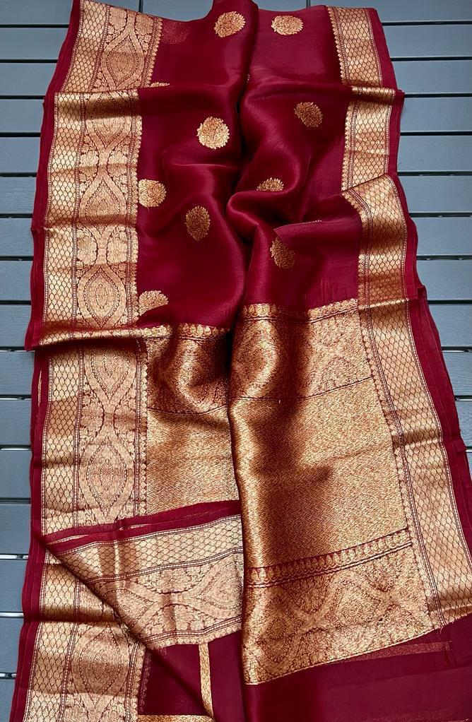 Pure Banarasi Kora Organza Zari Work Saree With Silk Mark Certificate ( Length- 6.3 Meter )