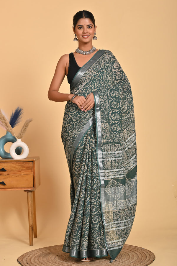 Hand Block Print Linen Saree with Blouse .