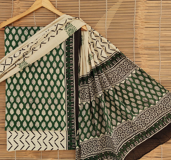 Pure Cotton Hand-Block Print unstitched suit with cotton dupatta .