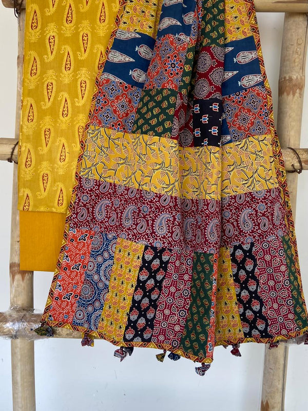 Pure Cotton Azrakh Print Unstitched suit With Patch Work Dupatta.