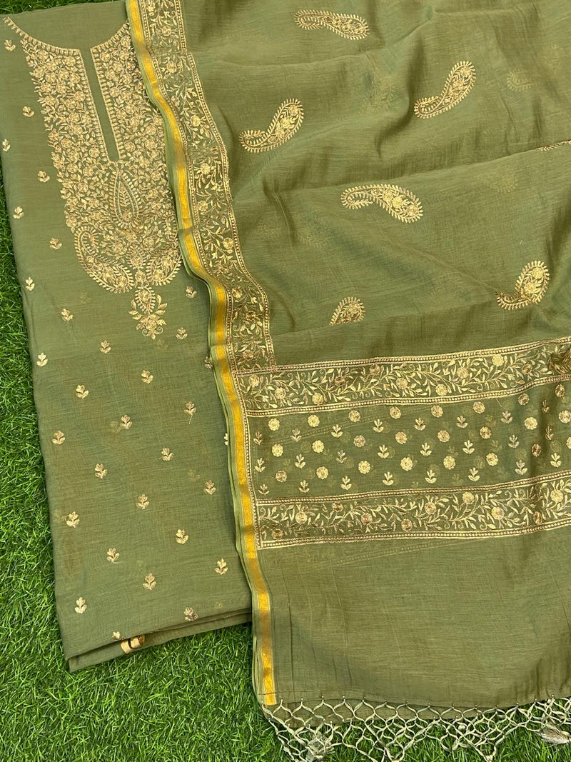 Pure Banarasi Resham Mal Chanderi Silk Zari  Unstitched Suit with Beautiful Neck Embroidery.