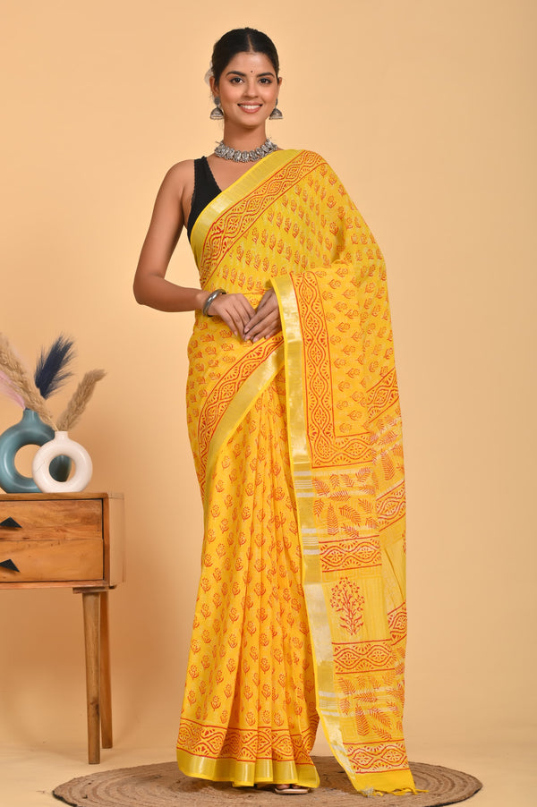 Hand Block Print Linen Saree with Blouse .