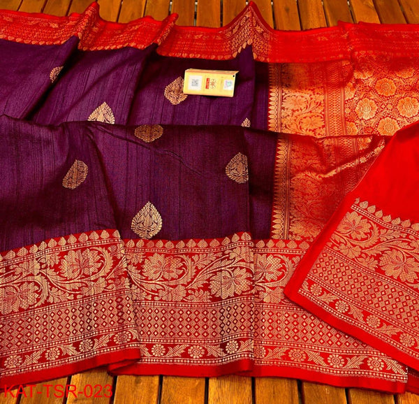 Handwoven Pure Banarasi Tussar Silk Saree With Antique Zari Work.