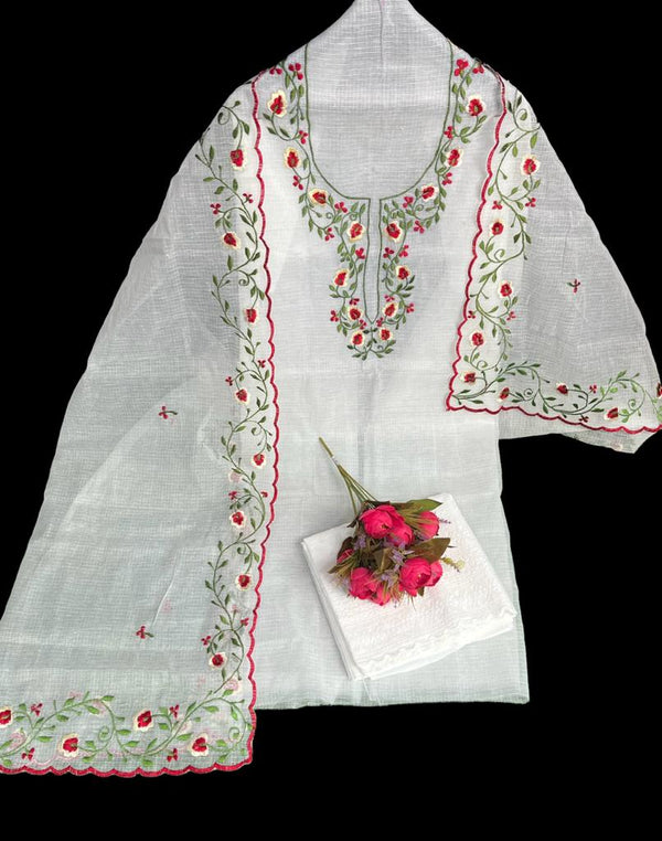 Pure Kota Doria Chikankari Embroidery Work Unstitched Suits With Chikankari Bottom .