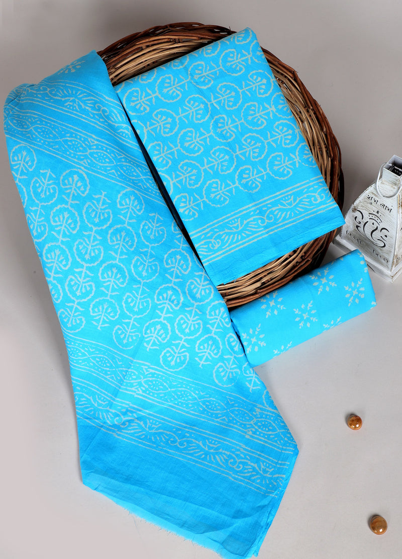 Pure Cotton Hand-Block Print unstitched suit with cotton dupatta .