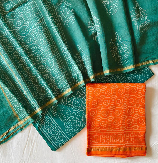 Pure Hand Block Chanderi Silk Unstitched Suit .