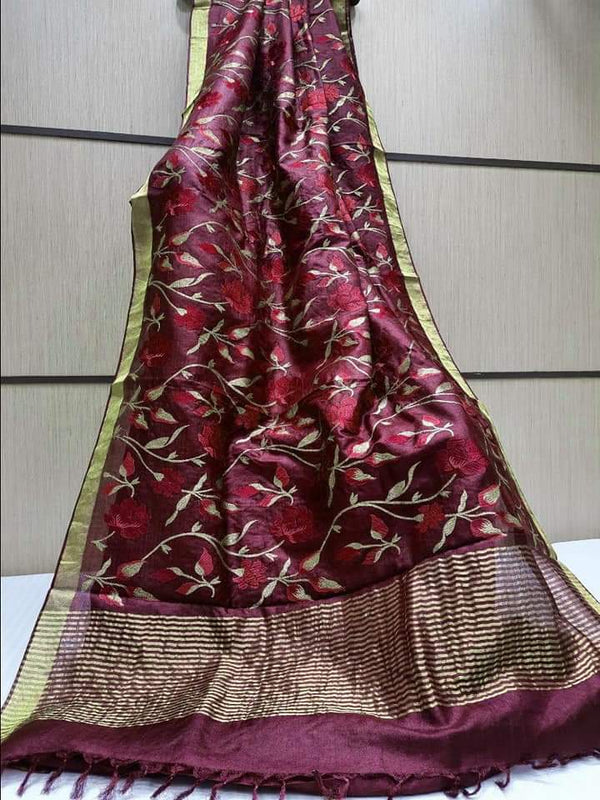 Pure Silk Linen By Linen Saree with Embroidery Work.( length- 6.3 meter )