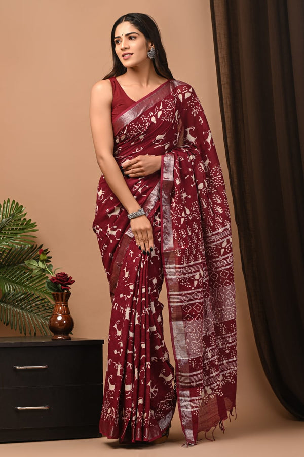 Hand Block Print Linen Saree with Blouse .