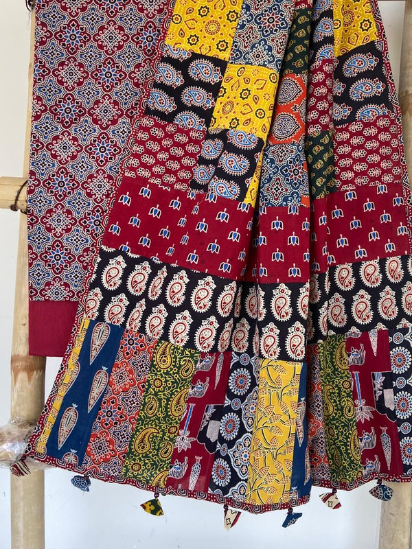 Pure Cotton Azrakh Print Unstitched suit With Patch Work Dupatta.