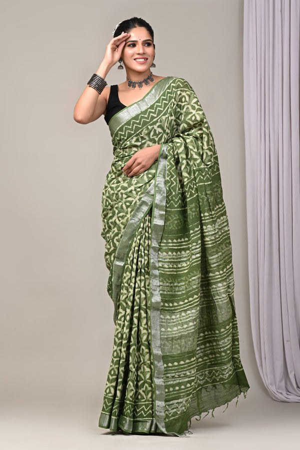 Hand Block Print Linen Saree with Blouse .