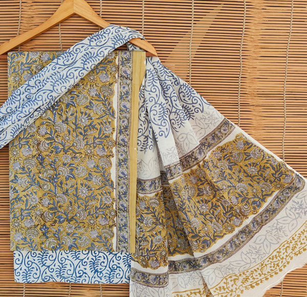 Pure Cotton Hand-Block Print unstitched suit with cotton dupatta .